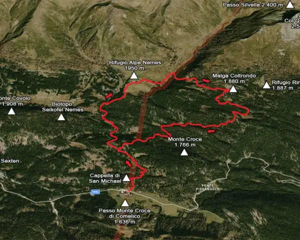 Mappa sentieri per malga Nemes, con Rifugio Alpe Nemes, Monte Croce e Passo Monte Croce.