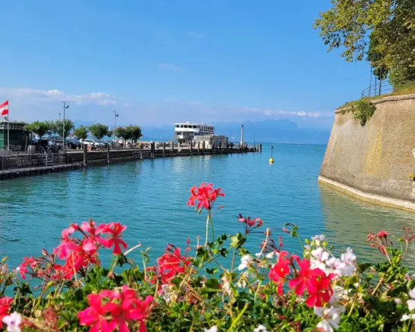 Fiori rossi e bianchi in primo piano, con un molo, un traghetto e montagne sullo sfondo. Un'immagine che evoca i paesi vicino Peschiera del Garda.