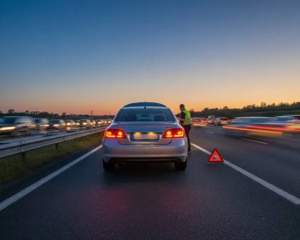 Auto in panne sul ciglio della strada, con un uomo in giubbotto catarifrangente e una segnalazione luminosa di pericolo. Traffico intenso al tramonto.