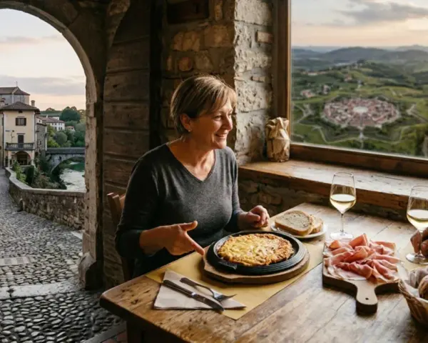 Coppia assapora delizie culinarie con vista su uno dei borghi friulani da visitare, un'esperienza indimenticabile.