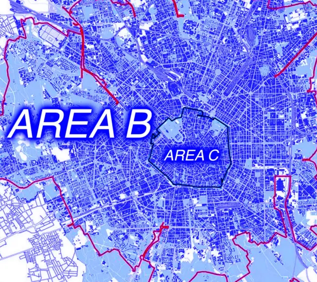 Mappa di Milano con le zone a traffico limitato: Area B e Area C, che rappresentano i pedaggi urbani di Milano.