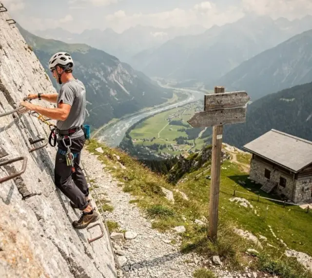 Uomo in via ferrata, aggrappato a cavi d'acciaio su una parete rocciosa, con un rifugio alpino e una valle sottostante.
