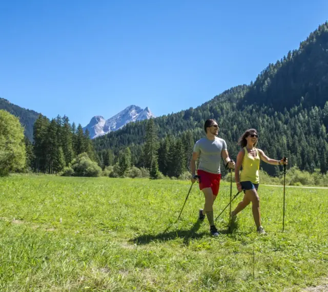 Coppia fa nordic walking in un prato verde con montagne sullo sfondo, ideale per canazei escursioni facili.