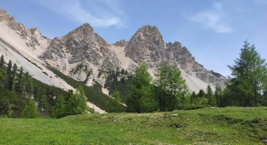 Prati verdi e larici svettano verso le imponenti cime rocciose, un paesaggio mozzafiato vicino alla malga Gran Fanes.