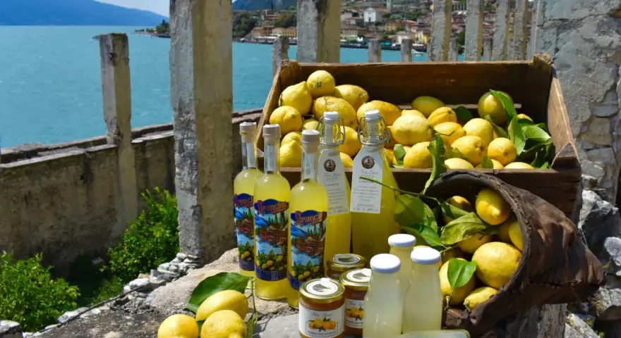 Limoni sul Garda, con bottiglie di limoncello e marmellata, sullo sfondo del lago e di un borgo.
