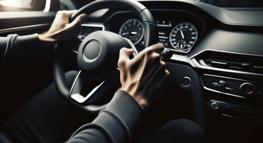 Mani sul volante, pronto a guidare con le nuove regole foglio rosa. Il cruscotto illuminato mostra la strada.
