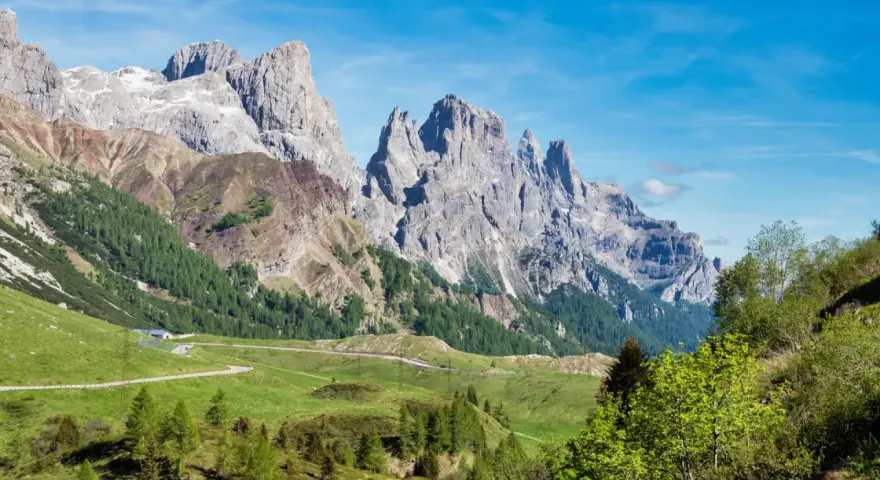 Strada panoramica verso le Pale di San Martino, con verdi pascoli e boschi che conducono alle maestose vette rocciose.