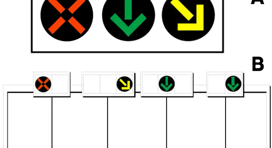 Segnali luminosi per corsie reversibili: croce rossa (chiuso), freccia verde (aperto), freccia gialla (cambio corsia).