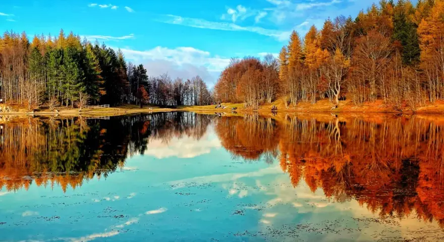 Specchio d'acqua sereno riflette alberi autunnali e cielo azzurro. Un angolo di pace tra i laghi dell'Emilia Romagna.
