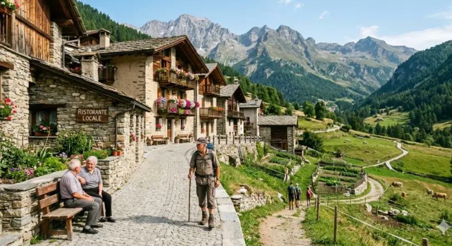 Un escursionista cammina in un pittoresco borgo del Trentino Alto Adige, con case in pietra e fiori colorati, mentre sullo sfondo si stagliano maestose montagne.