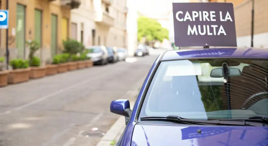 Auto blu parcheggiata in strada con cartello "Capire la multa". Divieto di sosta marciapiede ignorato.