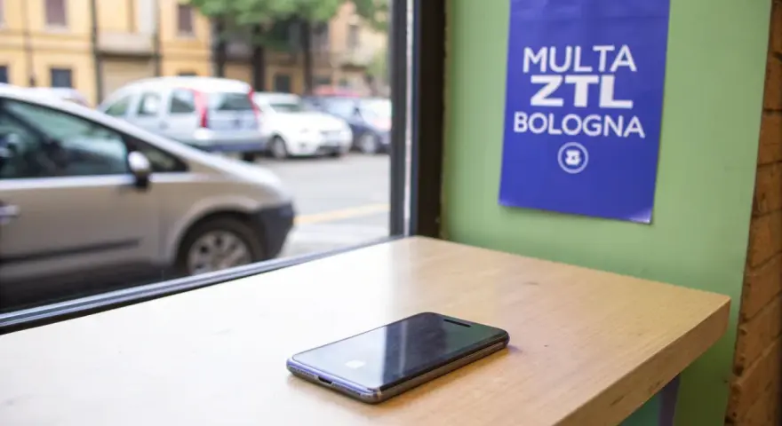 Un cellulare su un tavolo, con un cartello "Multa ZTL Bologna" appeso al muro. Fuori, auto in transito.