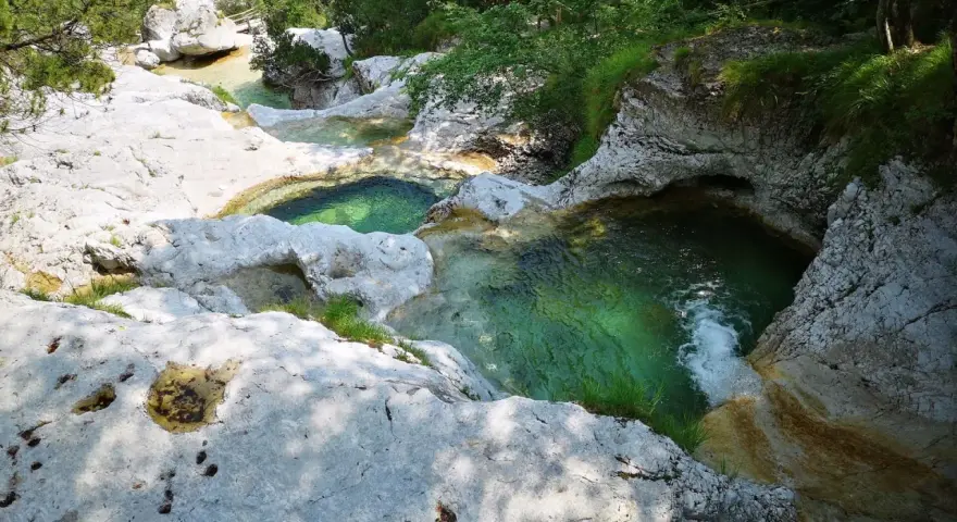 Acque cristalline scorrono tra le rocce levigate dei **cadini del Brenton**, creando piscine naturali immerse nel verde.