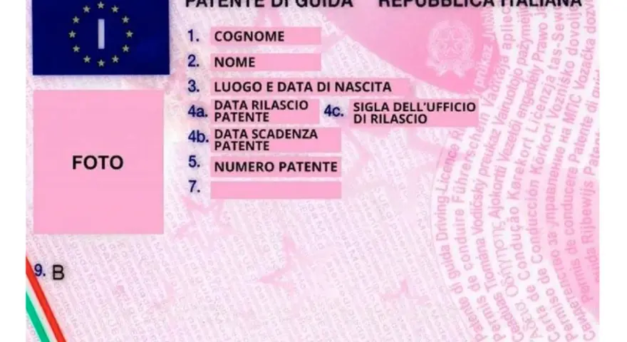La patente di guida italiana mostra i campi per cognome, nome, luogo e data di nascita, numero patente, e la data di rilascio patente si trova al punto 4a.