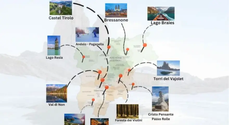 Mappa con itinerari per scoprire i borghi da visitare in Trentino: Castel Tirolo, Bressanone, Lago Braies, Lago Resia, Val di Non, Andalo-Paganella, Torri del Vajolet, Cristo Pensante.