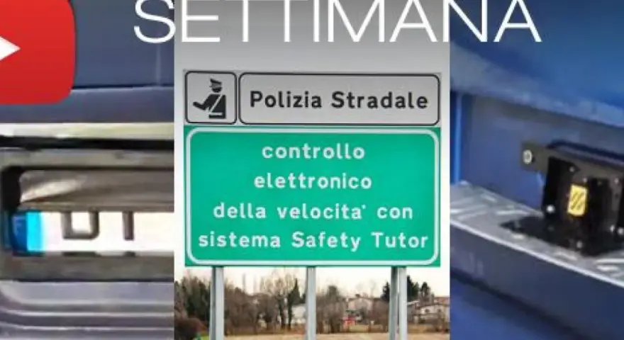 Segnaletica stradale per controllo elettronico velocità con sistema Safety Tutor. La targa prova moto è visibile in primo piano.