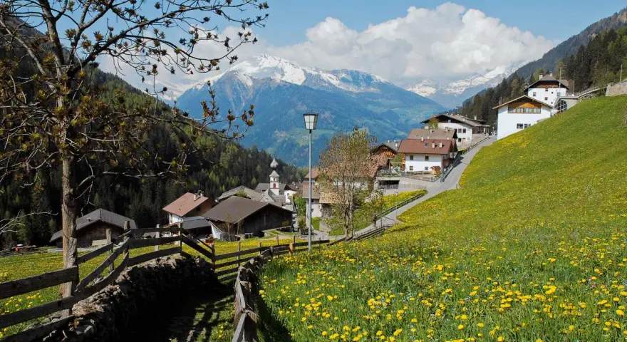Un prato fiorito di gialli ranuncoli abbraccia San Leonardo in Passiria, con case tradizionali e montagne innevate sullo sfondo.