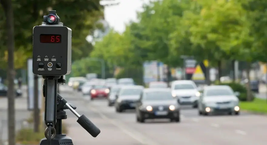 Autovelox mobile come funziona: un dispositivo su treppiede misura la velocità delle auto in transito su una strada alberata.