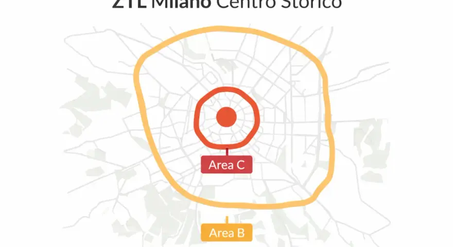 Mappa ZTL Milano Centro Storico: Area C al centro, Area B più esterna. Utile per conoscere gli orari e le zone a traffico limitato.