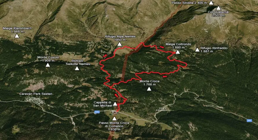 Mappa sentieri per malga Nemes, con Rifugio Alpe Nemes, Monte Croce e Passo Monte Croce.