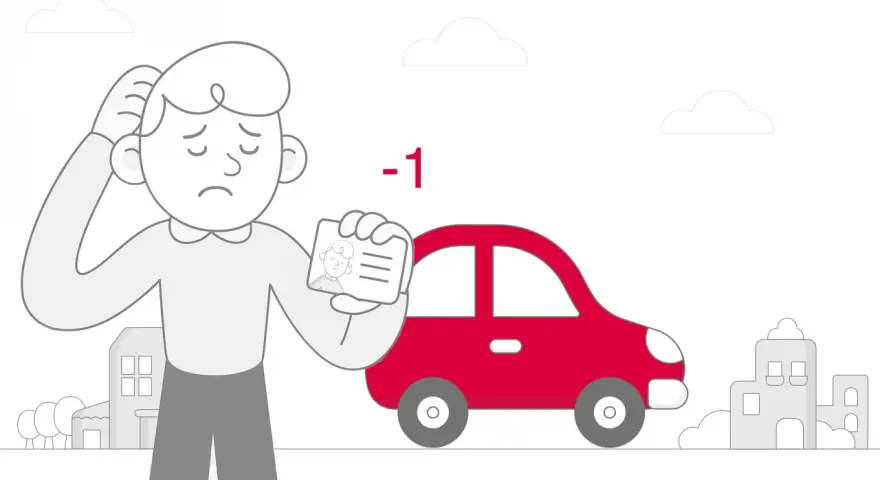 Uomo preoccupato mostra patente con -1 punto dopo un tamponamento. Auto rossa e case sullo sfondo.