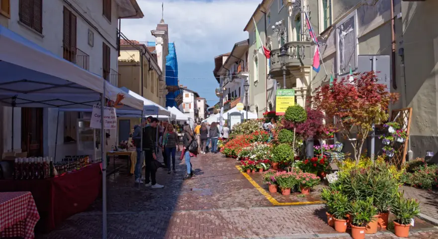 Mercato a San Giorgio Canavese con bancarelle di fiori e prodotti locali.
