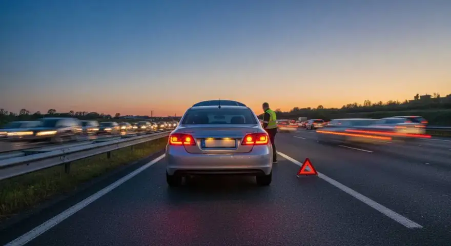 Auto in panne sul ciglio della strada, con un uomo in giubbotto catarifrangente e una segnalazione luminosa di pericolo. Traffico intenso al tramonto.