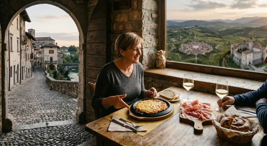 Coppia assapora delizie culinarie con vista su uno dei borghi friulani da visitare, un'esperienza indimenticabile.