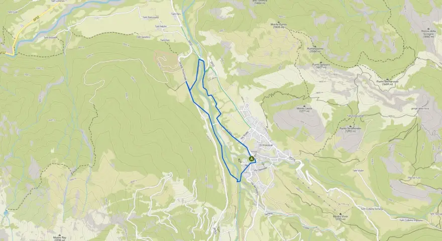 Mappa di Entracque con sentiero blu che indica entracque escursioni facili. Si vedono rilievi montuosi e strade.