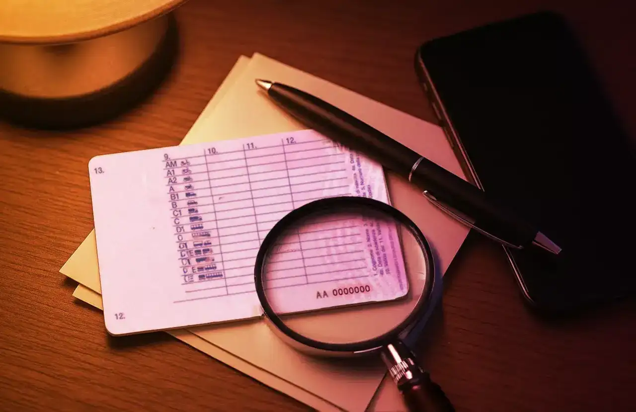 Lente d'ingrandimento su patente, penna e smartphone. Si cerca la data di rilascio patente dove si trova.