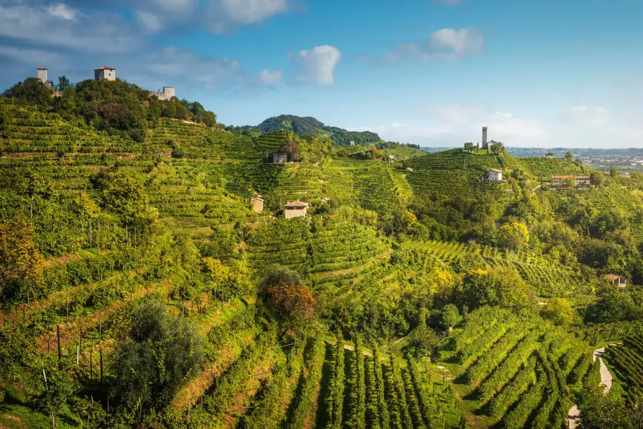 Colline verdi con vigneti terrazzati, casali e torri antiche. Un paesaggio incantevole tra i borghi da visitare in Veneto.