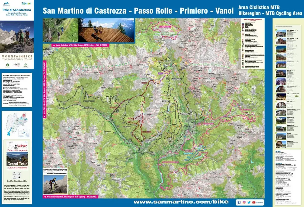 Mappa dettagliata per scoprire come arrivare alle Pale di San Martino e per esplorare i percorsi MTB della bikeregion.