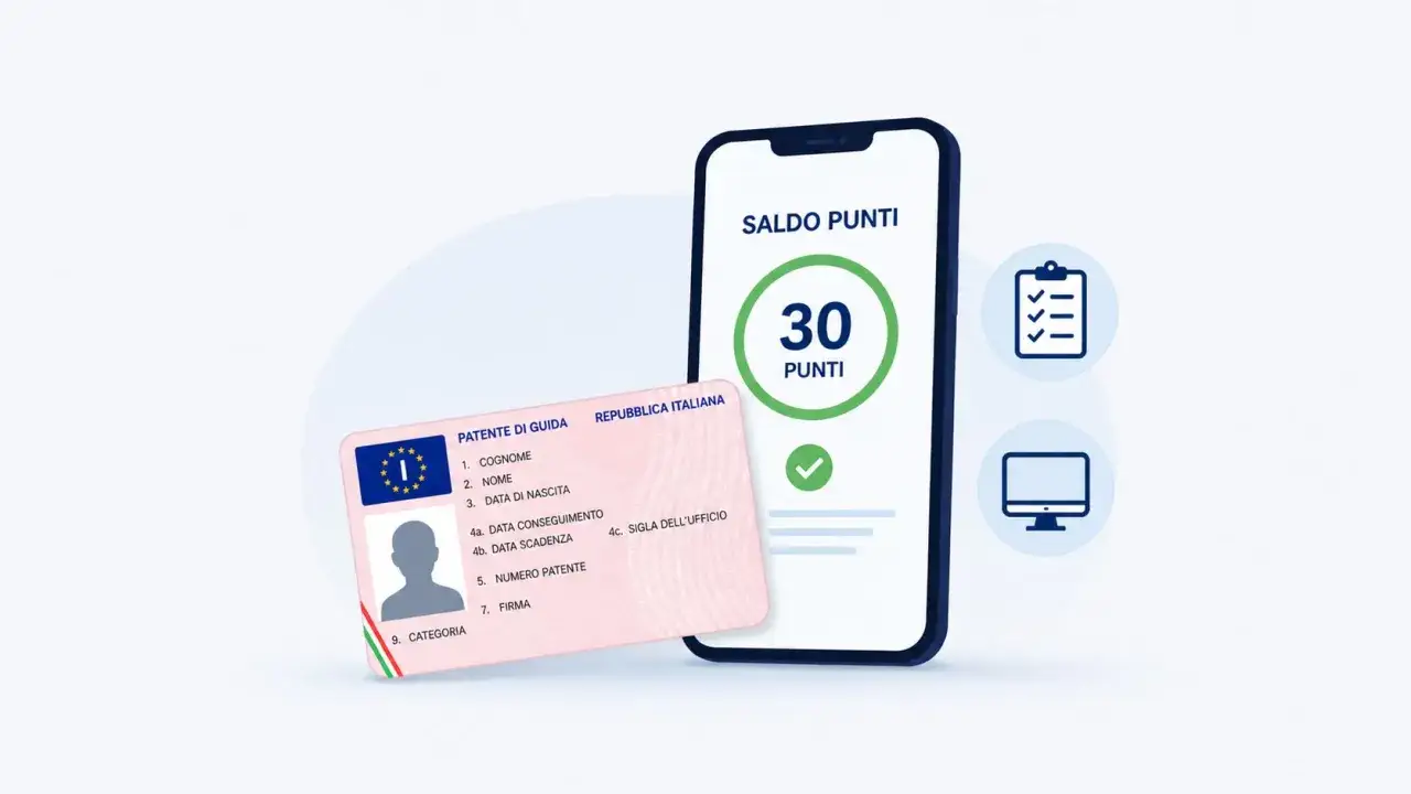 Verifica il saldo punti patente online senza registrazione. La patente italiana e uno smartphone mostrano 30 punti.