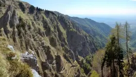 Sentiero tortuoso che si snoda sui ripidi pendii delle Prealpi Venete, ideale per escursioni panoramiche.