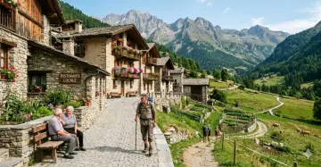Un escursionista cammina in un pittoresco borgo del Trentino Alto Adige, con case in pietra e fiori colorati, mentre sullo sfondo si stagliano maestose montagne.