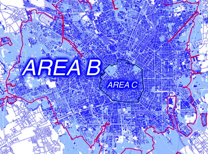 Mappa di Milano con le zone a traffico limitato: Area B e Area C, che rappresentano i pedaggi urbani di Milano.