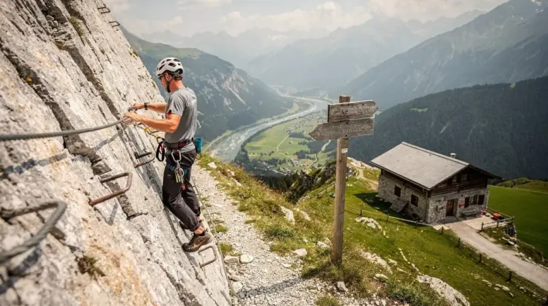 Uomo in via ferrata, aggrappato a cavi d'acciaio su una parete rocciosa, con un rifugio alpino e una valle sottostante.