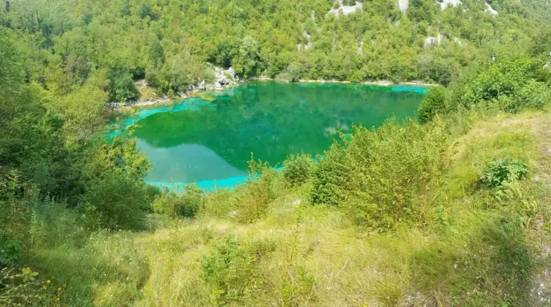 Lago di origine carsica a Forgaria nel Friuli, con acque cristalline di un verde smeraldo intenso, circondato da vegetazione lussureggiante.