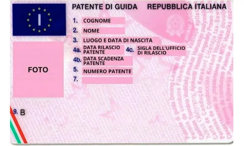 La patente di guida italiana mostra i campi per cognome, nome, luogo e data di nascita, numero patente, e la data di rilascio patente si trova al punto 4a.