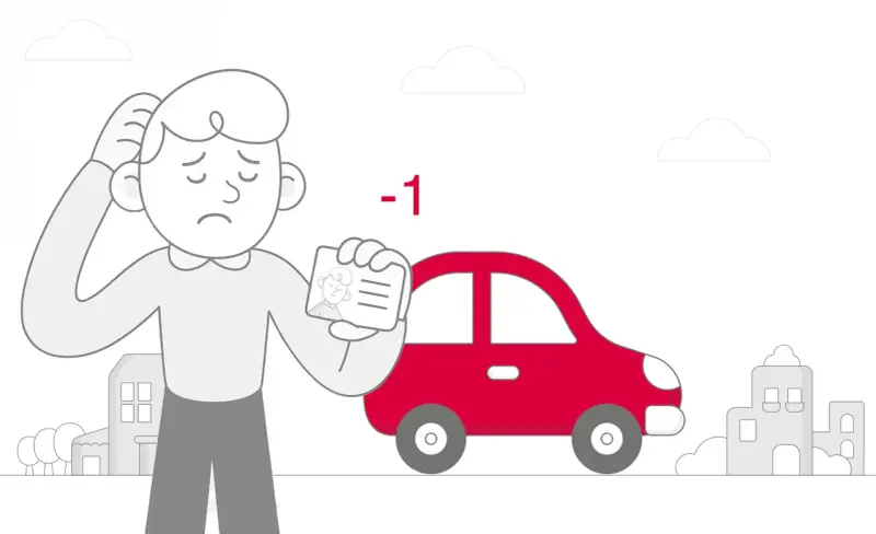 Uomo preoccupato mostra patente con -1 punto dopo un tamponamento. Auto rossa e case sullo sfondo.