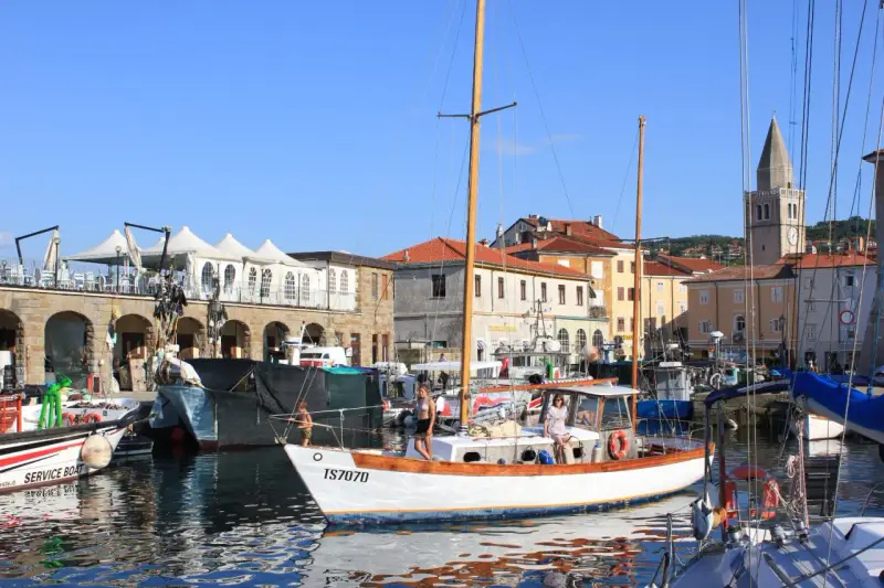 Porto di Muggia cosa vedere: barche a vela, edifici storici e un campanile svettano sotto il cielo azzurro.